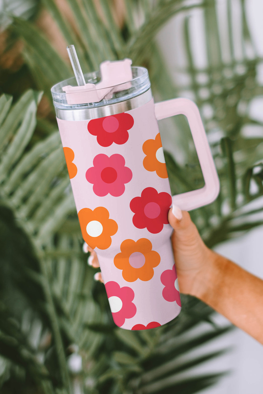 Flower Print Handled Stainless Steel Vacuum Cup