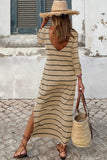 Black Striped Casual Slit Long Dress