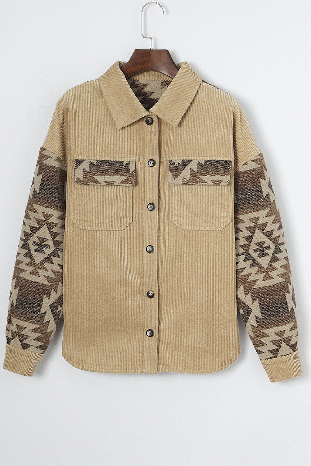 Aztec Print Patchwork Frayed Edge Corduroy Jacket