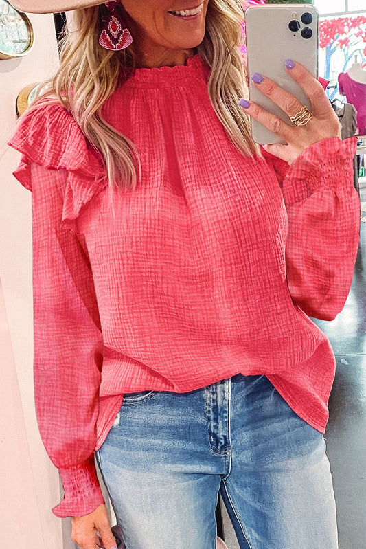 Crinkled Textured Ruffled Puff Sleeve Blouse