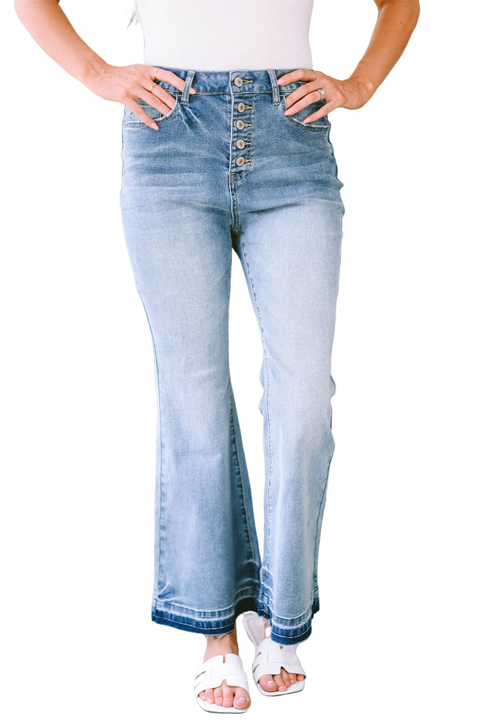 High Waist Buttoned Distressed Flared Jeans