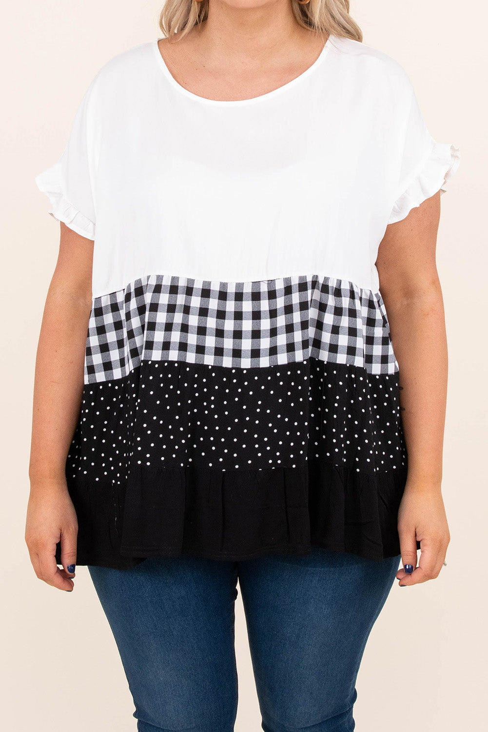 Plaid Dot Ruffled Plus Size Babydoll Top