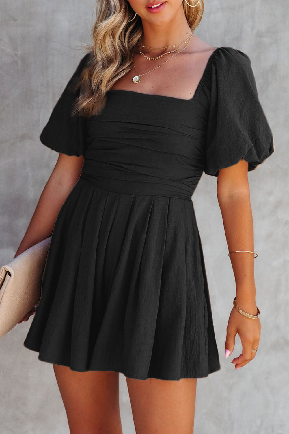 Black Square Neck Ruched Puff Sleeve Romper