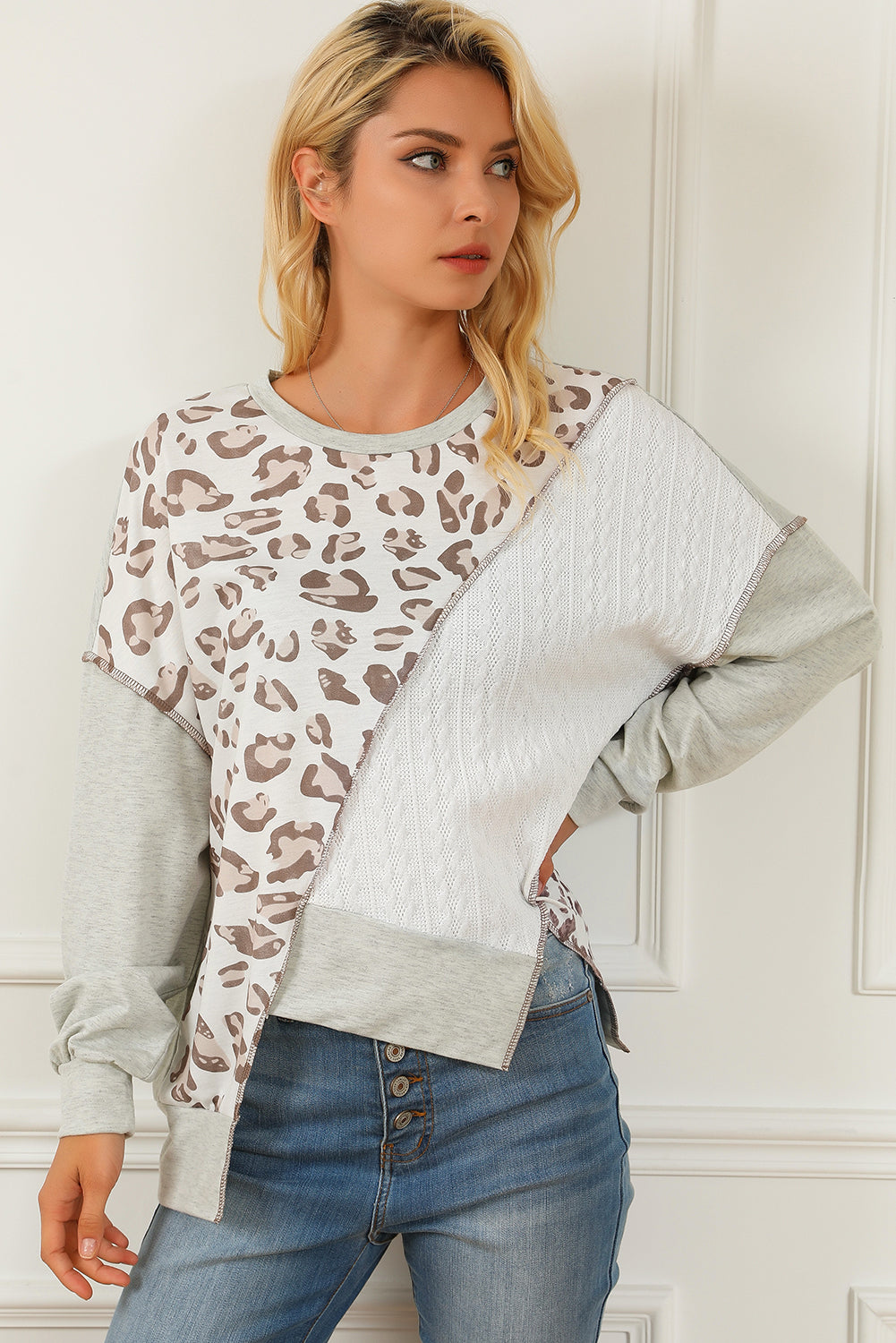 Asymmetrical Leopard Texture Splicing Loose Sweatshirt