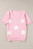 Pink Flower Crochet V Neck Short Sleeve Sweater