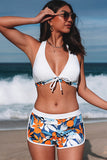 Tropical Leaf Print Tie Bikini and Boardshorts