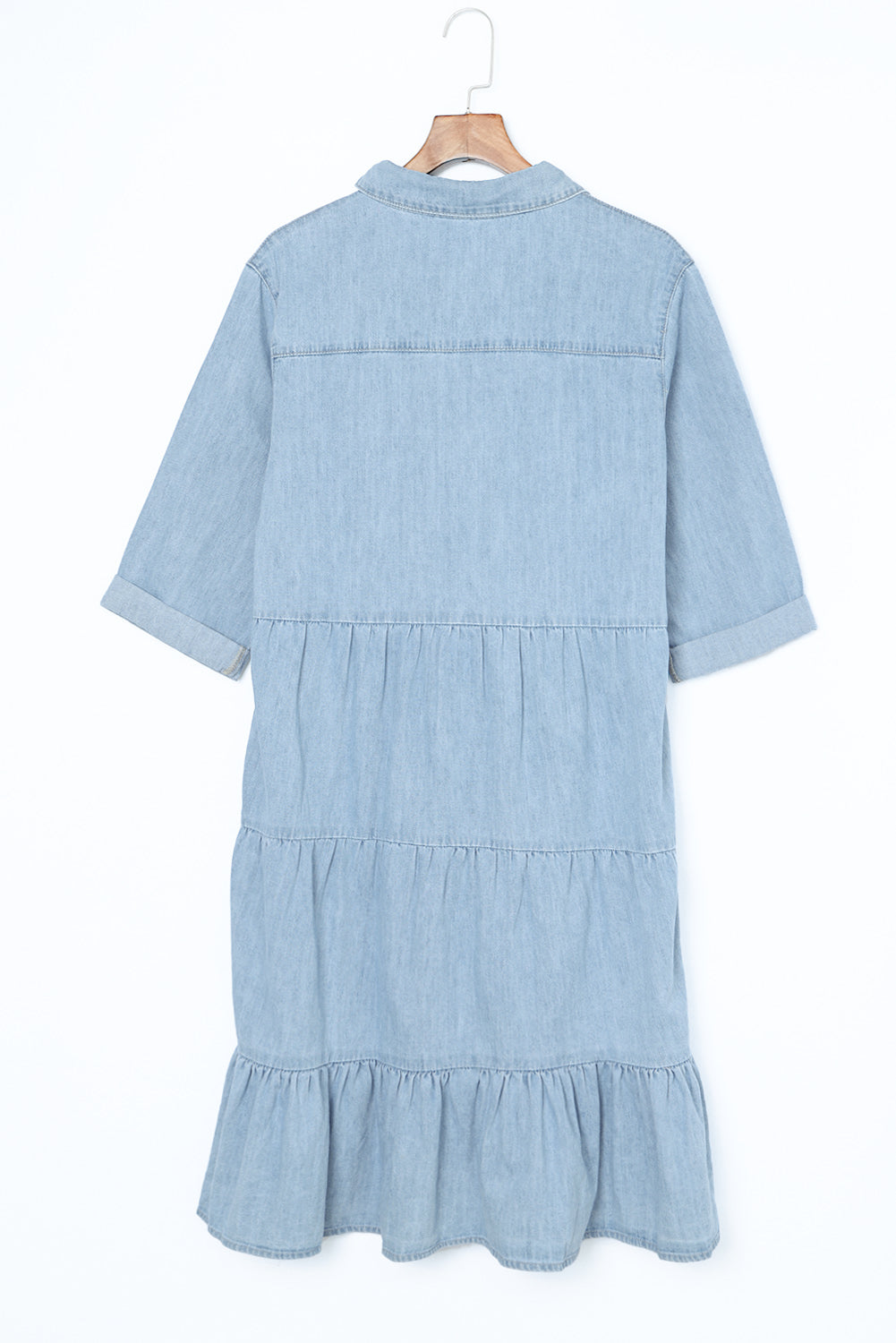 Ruffled Denim Full Buttoned Midi Dress