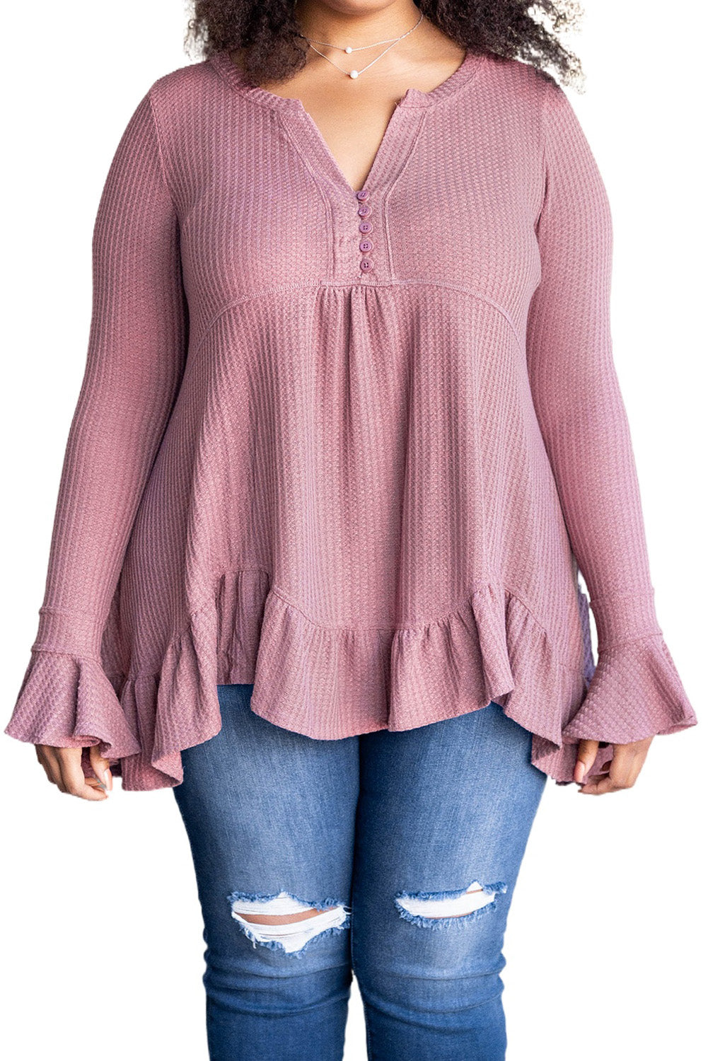 Plus Size Ruffled Waffle Knit Babydoll Top