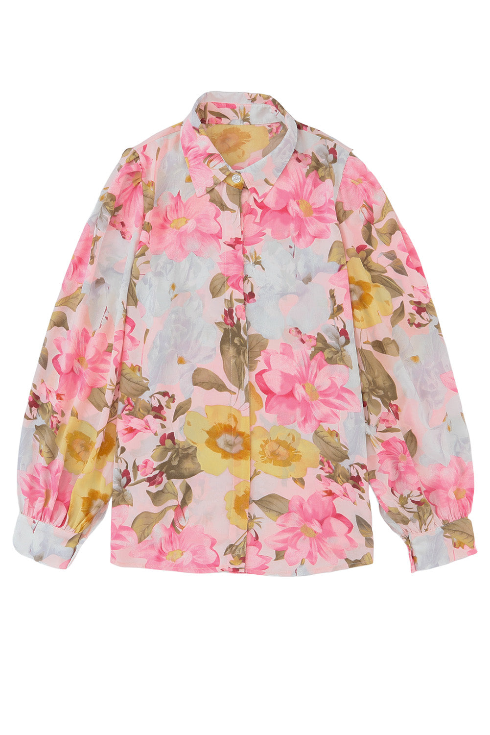 Pink Floral Print Tiered Ruffled Long Sleeve Blouse