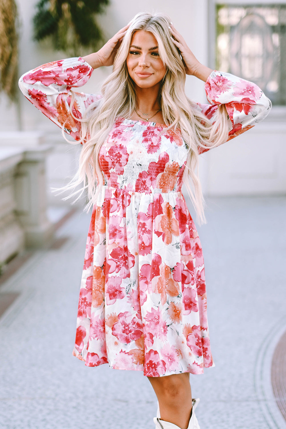 Floral Print Smocked Puff Sleeve Mini Dress