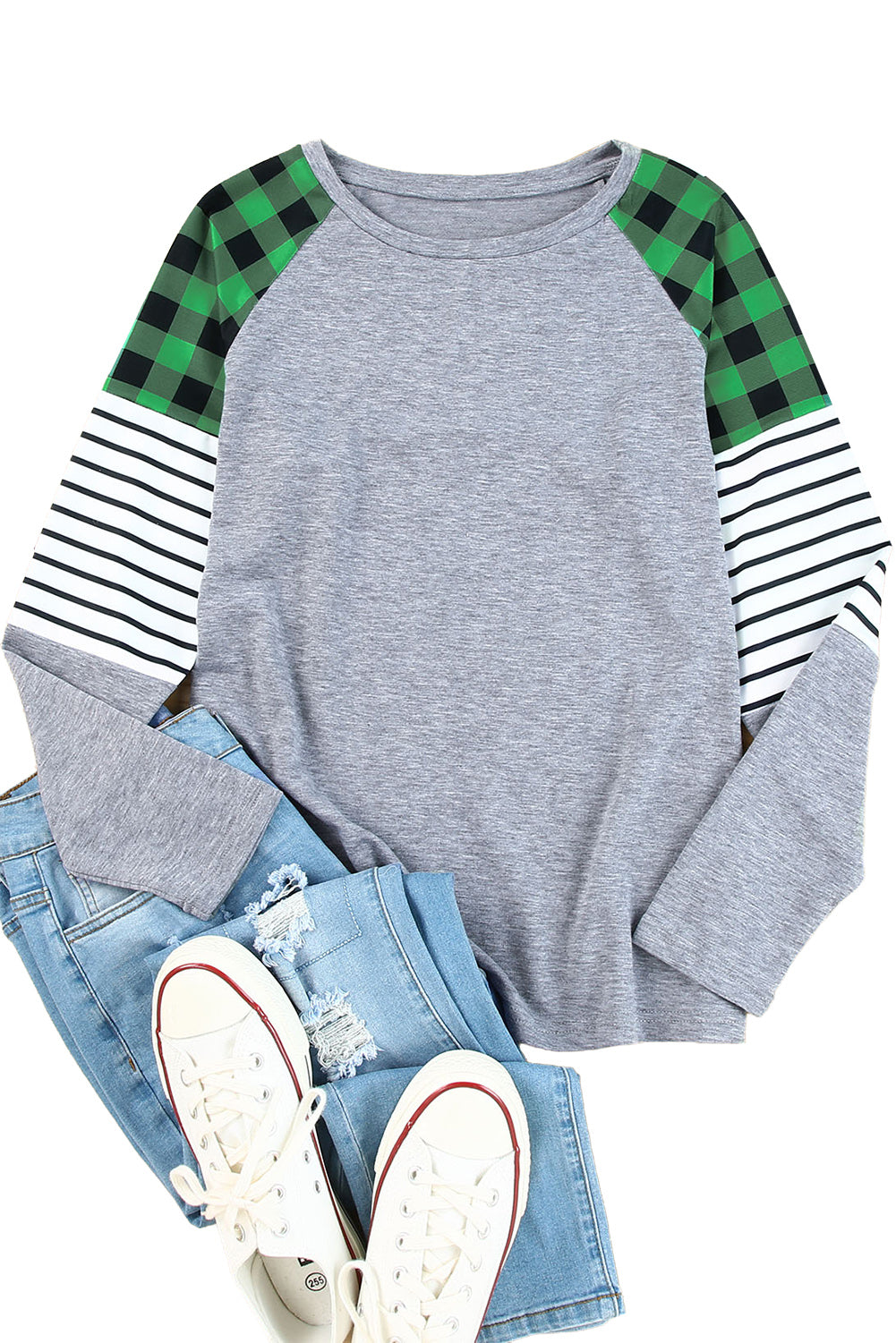 Green Buffalo Plaid & Stripe Splicing Long Sleeve Top