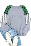 Green Buffalo Plaid & Stripe Splicing Long Sleeve Top