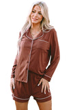 Contrast Pipings Long Sleeve Shorts Pajamas Set