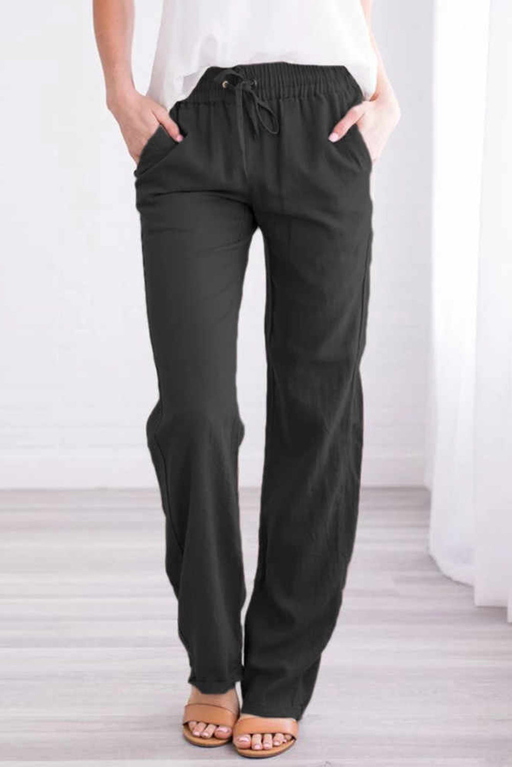 Drawstring Elastic Waist Pockets Long Straight Legs Pants