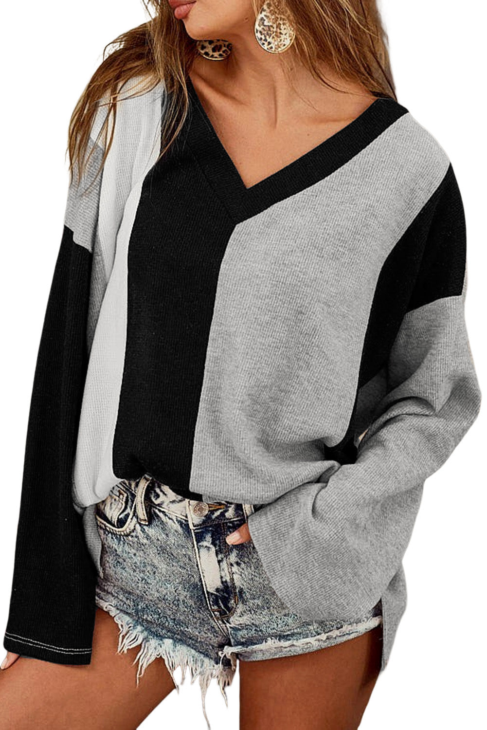 Black Colorblock Long Sleeve V Neck Top