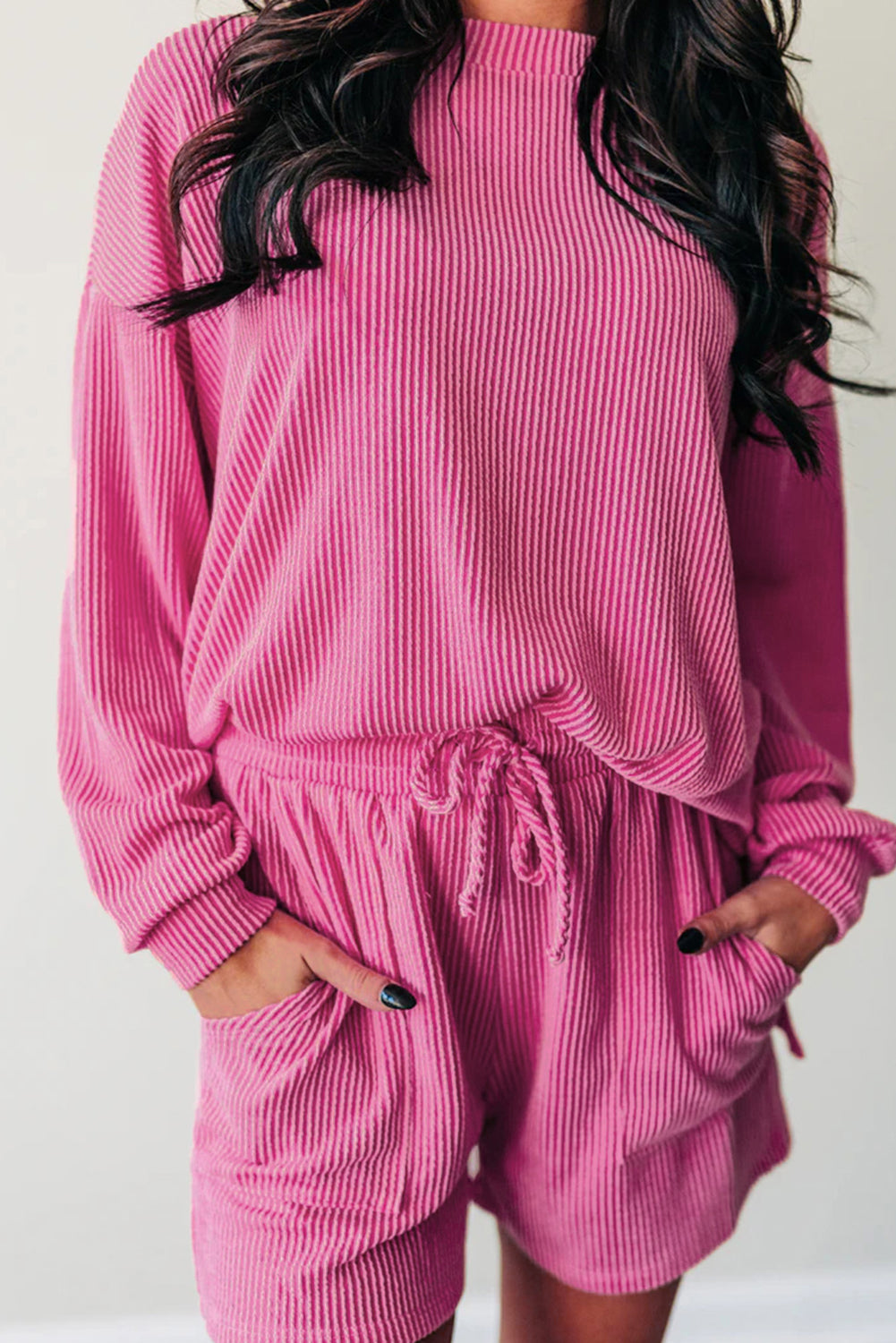 Strawberry Pink Corded Textured Long Sleeve Top and Shorts Set