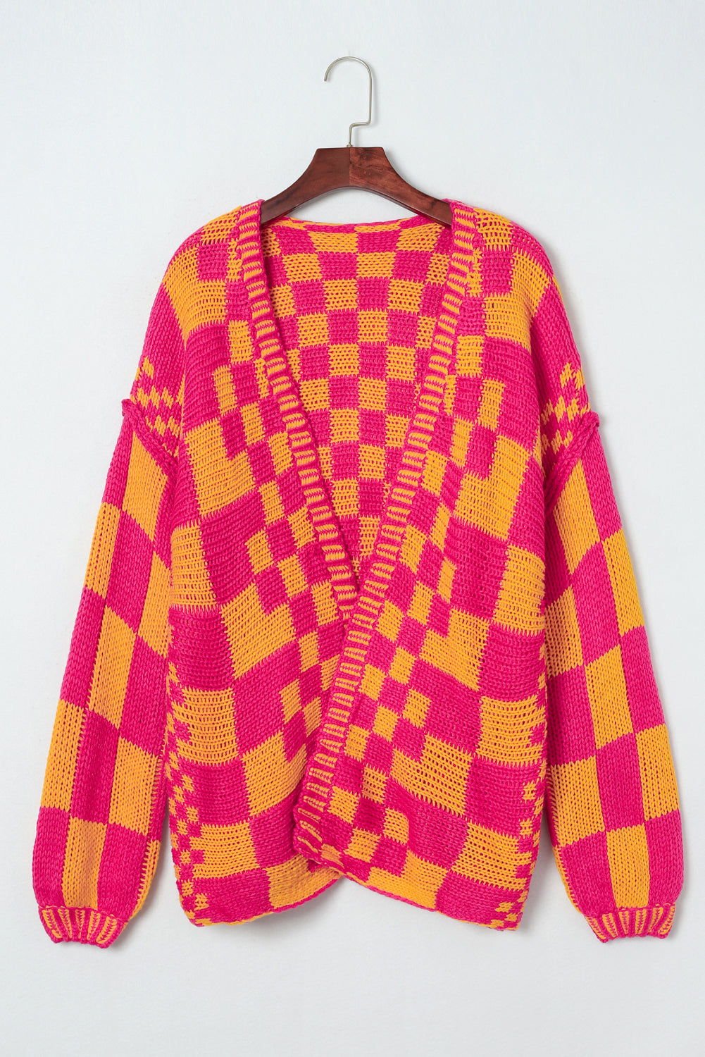 Open Front Mixed Checkered Pattern Knit Cardigan