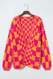 Open Front Mixed Checkered Pattern Knit Cardigan