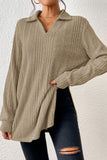 Ribbed Knit V Neck Collared Split Hem Tunic