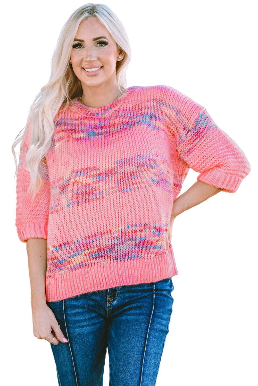 Colorful Stripes 3/4 Sleeve Loose Sweater