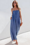 Spaghetti Straps Frilled Neckline Pocketed Wide Leg Denim Jumpsuit