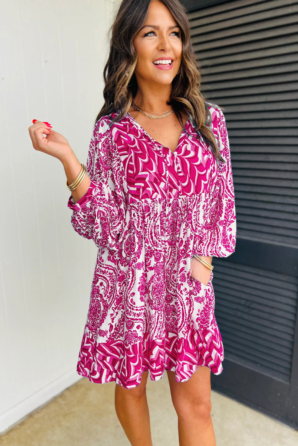 Orange Bohemian Print Puff Sleeve Tied V Neck Flared Mini Dress