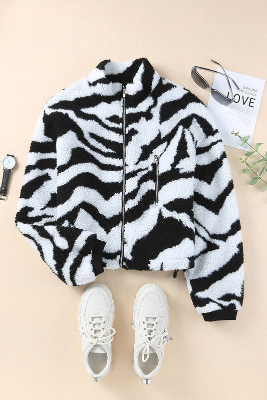 Veste noire à col montant zippée Zebra Teddy