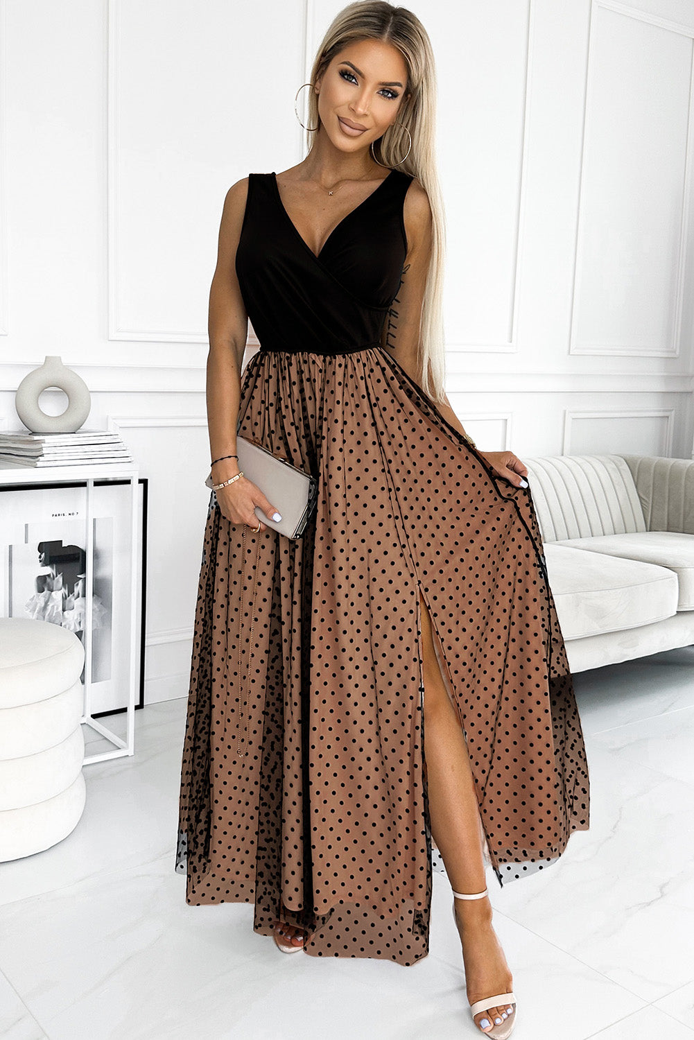 Polka Dot Mesh Overlay Sleeveless Maxi Dress