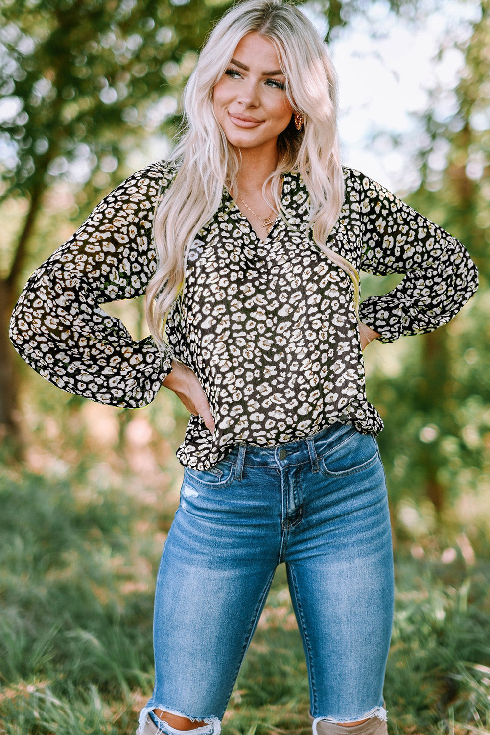 Green Floral Print V Neck Long Puff Sleeve Top