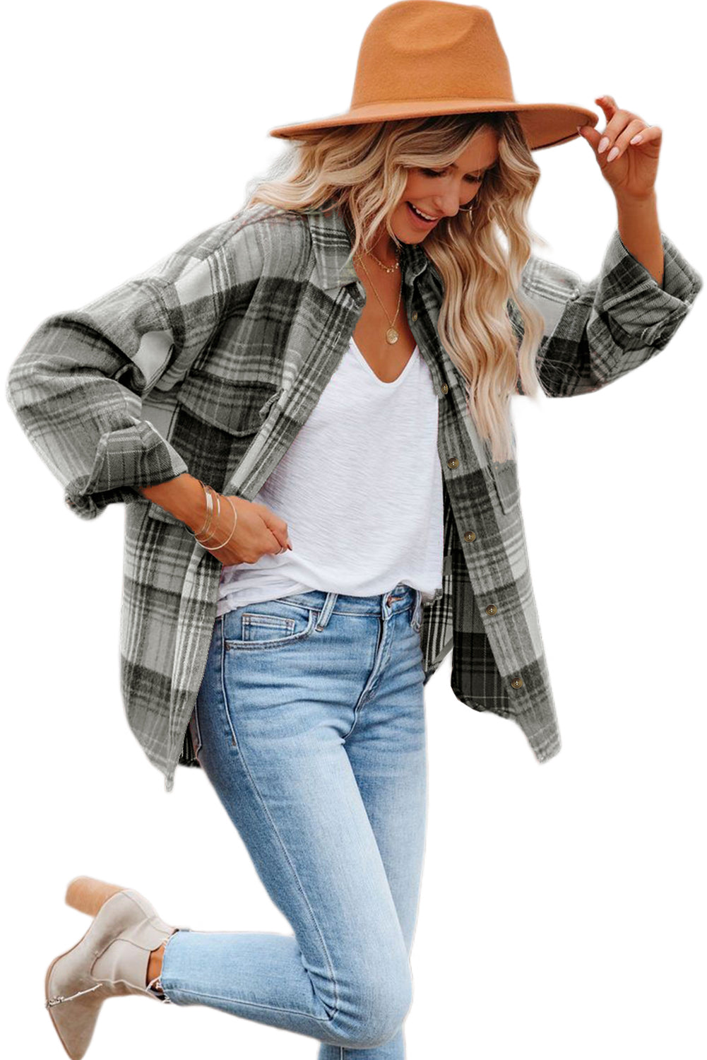 Brown Plaid Flap Pockets Shacket