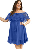 Robe bleue à épaules dénudées et manches en dentelle, grande taille