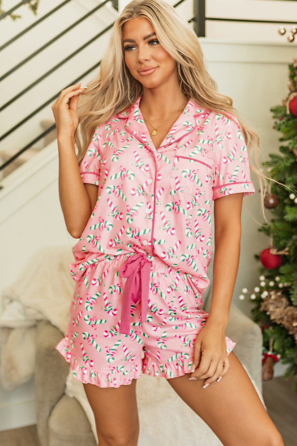 Green Christmas Candy Cane Print Pocketed Knotted Pajama Set