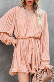 Pleated Ruffled Tie Waist Buttons V Neck Romper