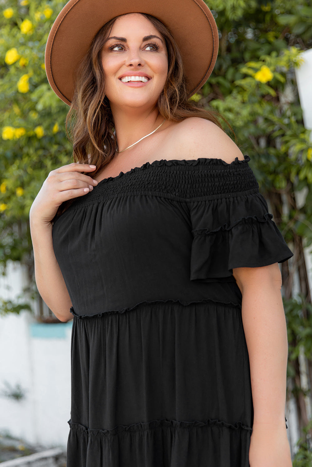 Plus Size Smocked Off Shoulder Frill Tiered Maxi Dress