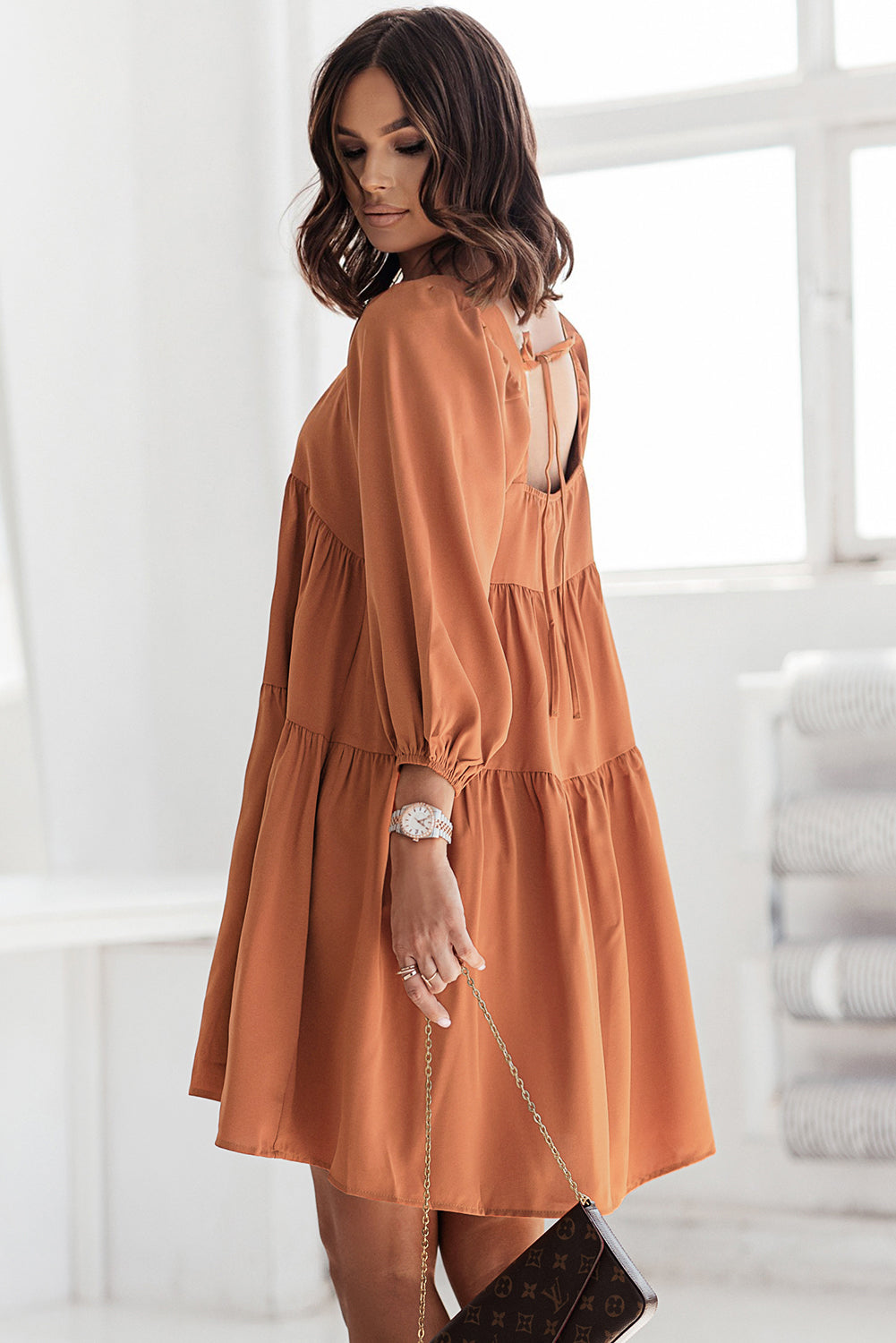 Square Neck Half Sleeve High Low Mini Dress