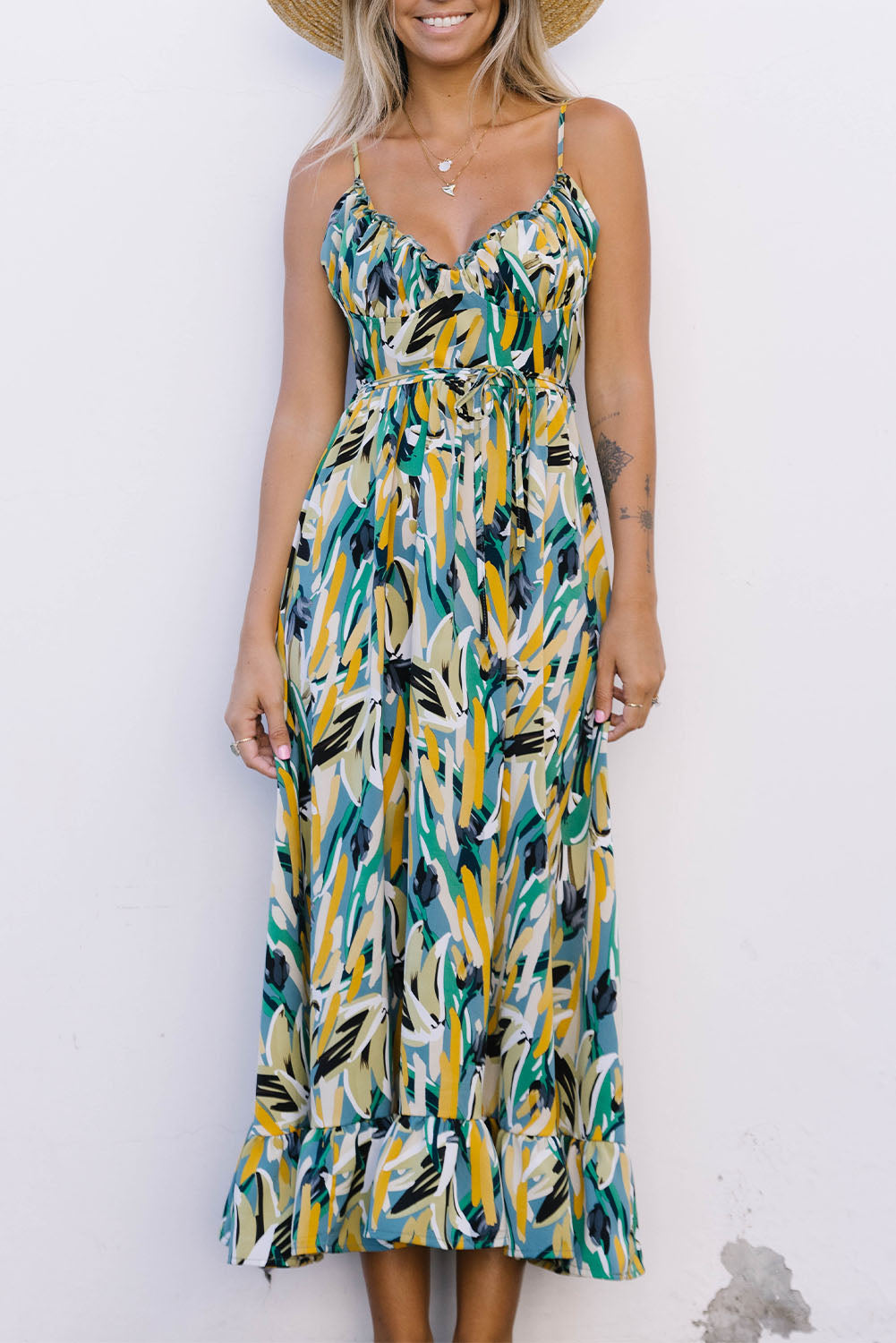 Abstract Printed Spaghetti Straps Ruffle Maxi Dress