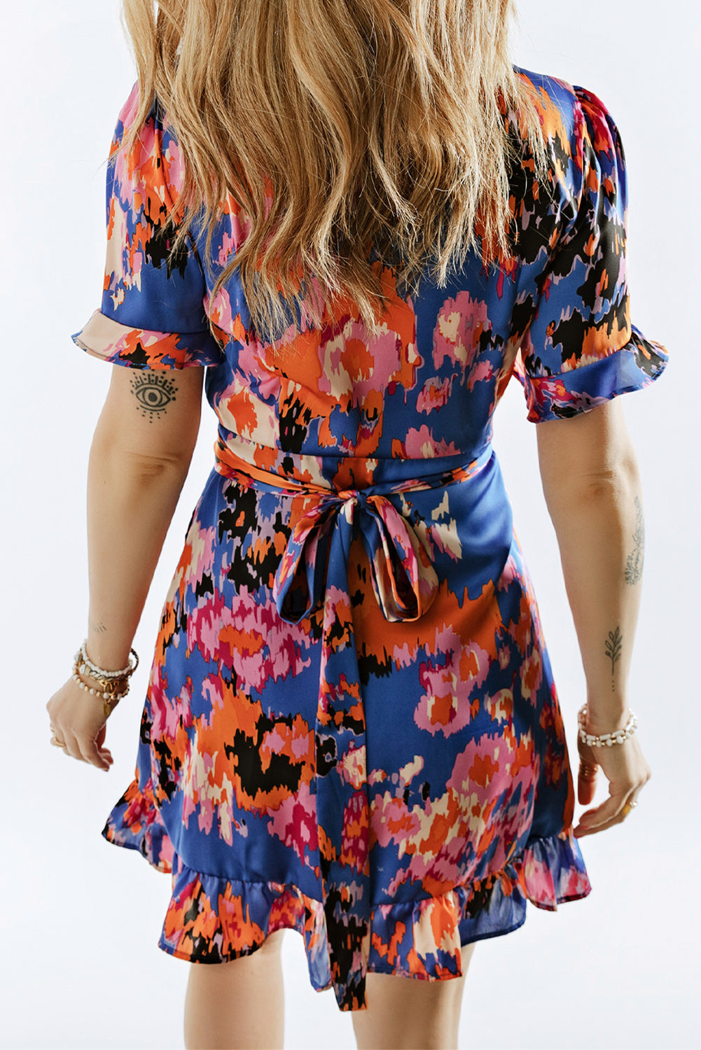 Wrapped Tie-dye Print Ruffled Dress