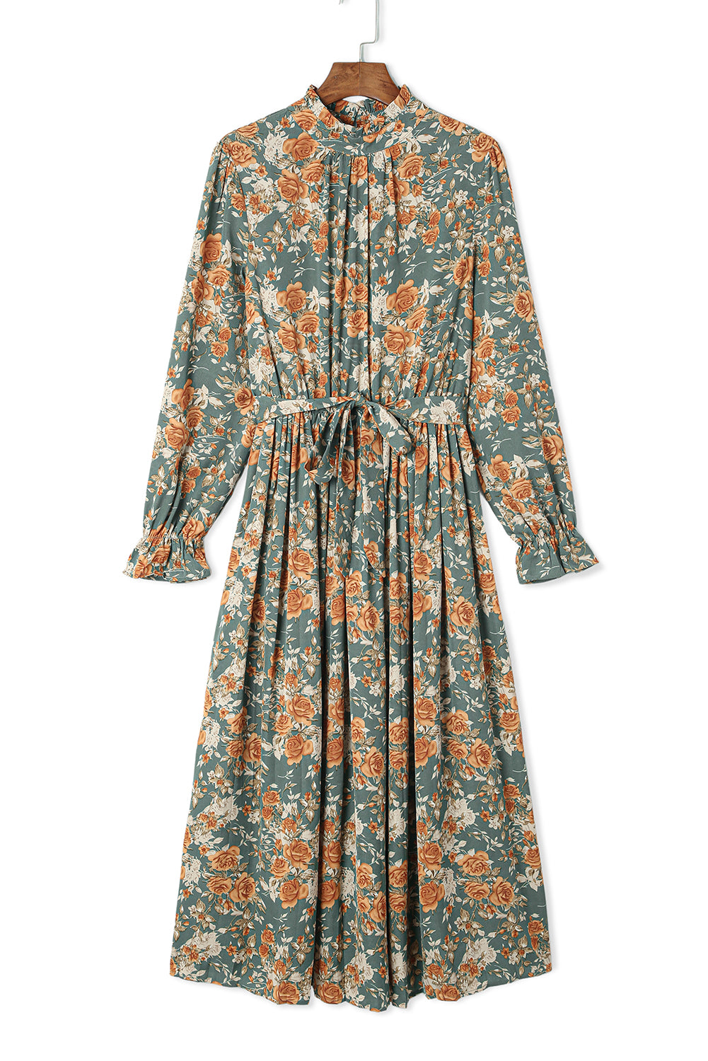 Pleated Long Sleeve Maxi Floral Dress with Tie