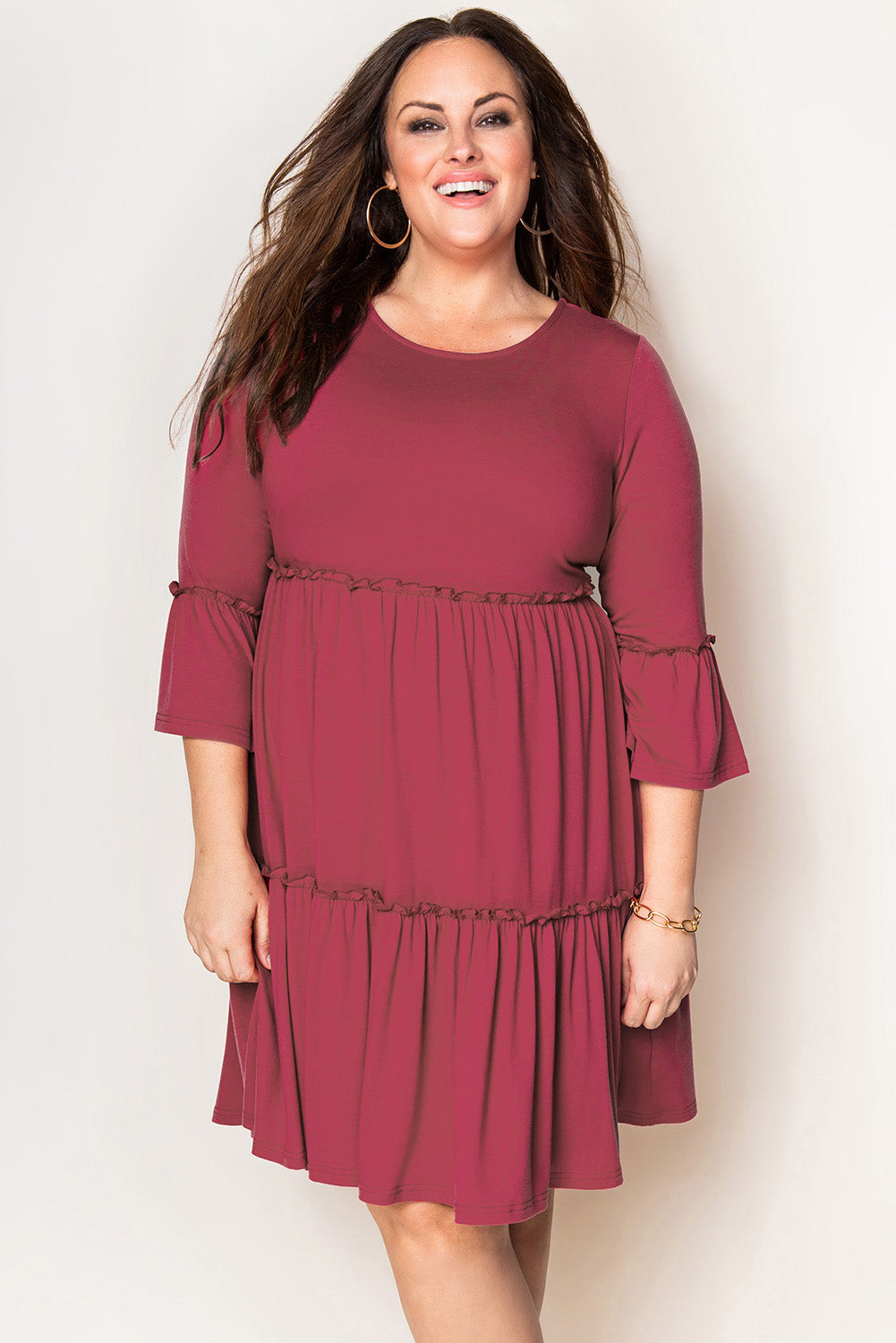 Tiered Ruffled 3/4 Sleeve Plus Size Dress