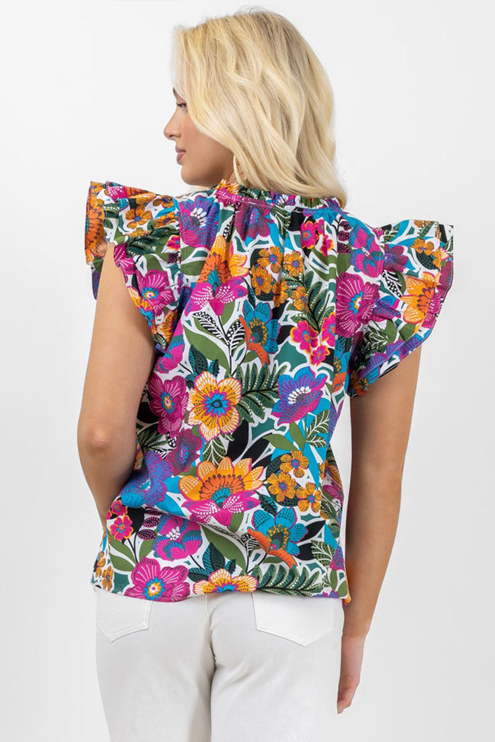 Ruffled Flutter Sleeve Floral Print Blouse