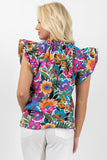 Blouse multicolore à imprimé floral et manches flottantes à volants