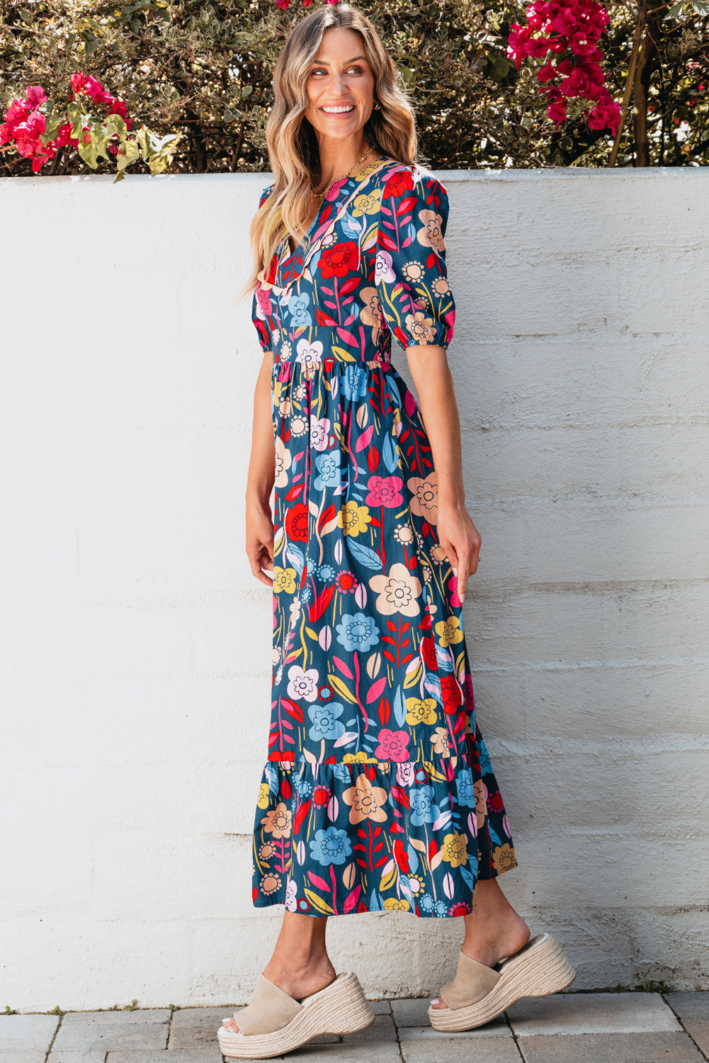 Black Retro Floral Printed Split Neck Maxi Dress