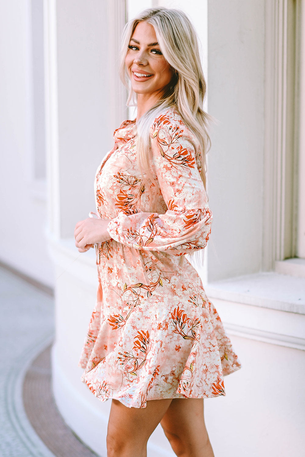 Bubble Sleeve Cinched Waist Floral Dress