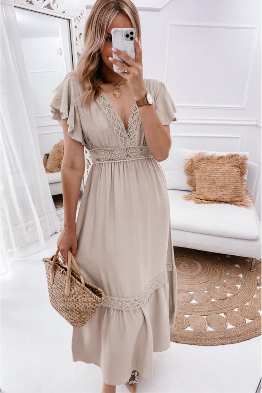 Oatmeal Lace V Neck Ruffled Sleeve Empire Waist Dress