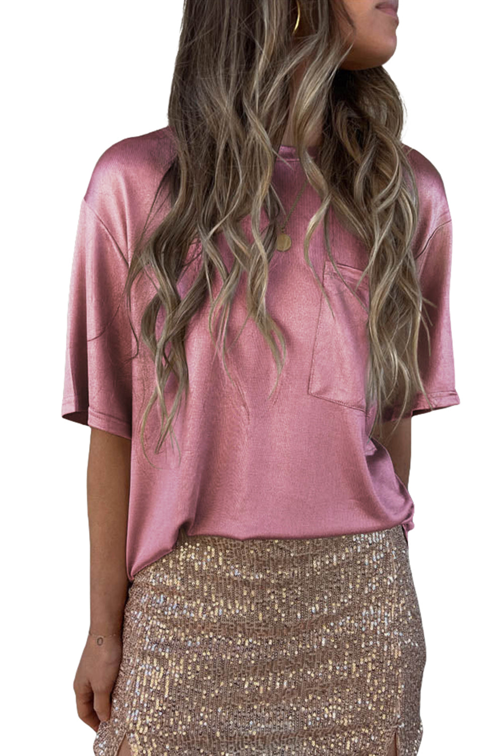 Glitter Chest Pocket Round Neck Long Sleeve Top