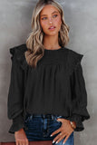 Black Crinkle Ruffle Trim Keyhole Puff Sleeve Blouse