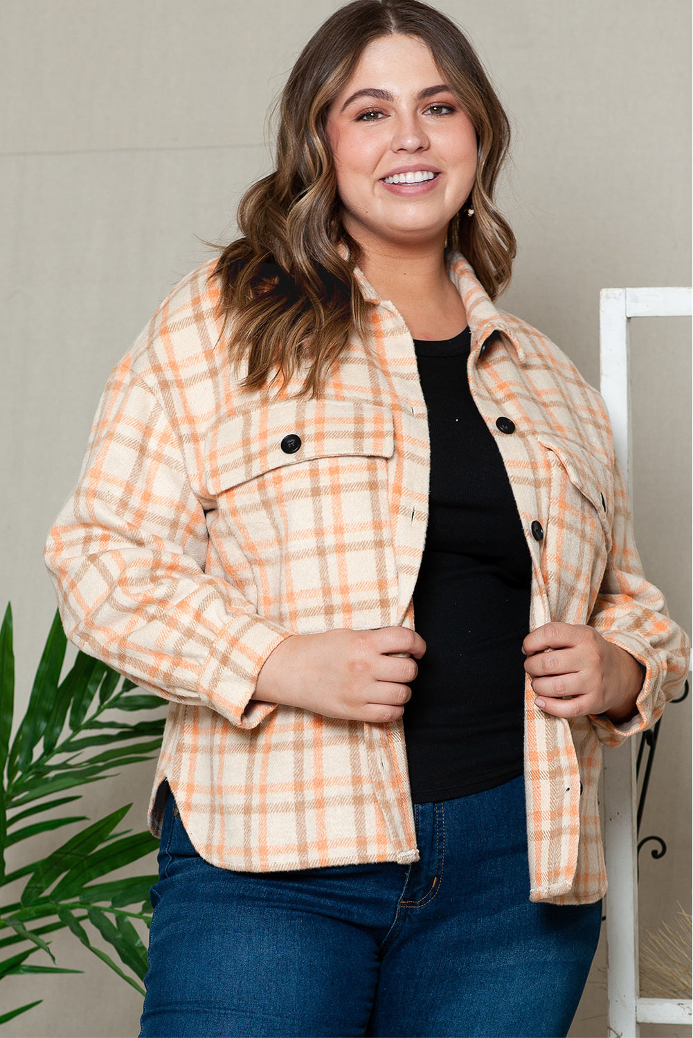 Plus Size Plaid Jacket with Flap Pockets