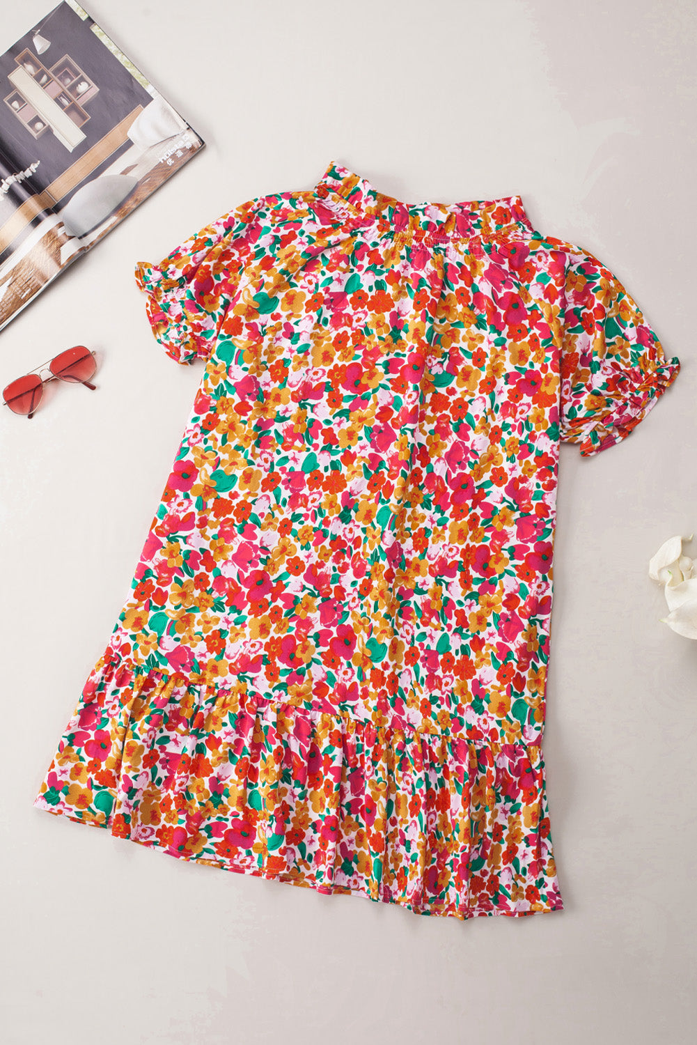 Floral Print Frill Mock Neck Bubble Sleeve Dress