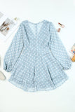 Sky Blue V Neck Baggy Sleeve Waist Tie Double Layer Ruffle Hem Dotted Print Short Dress