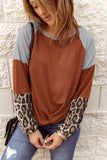 Leopard Long Sleeve Waffle Knit Blouse with Twist Knot